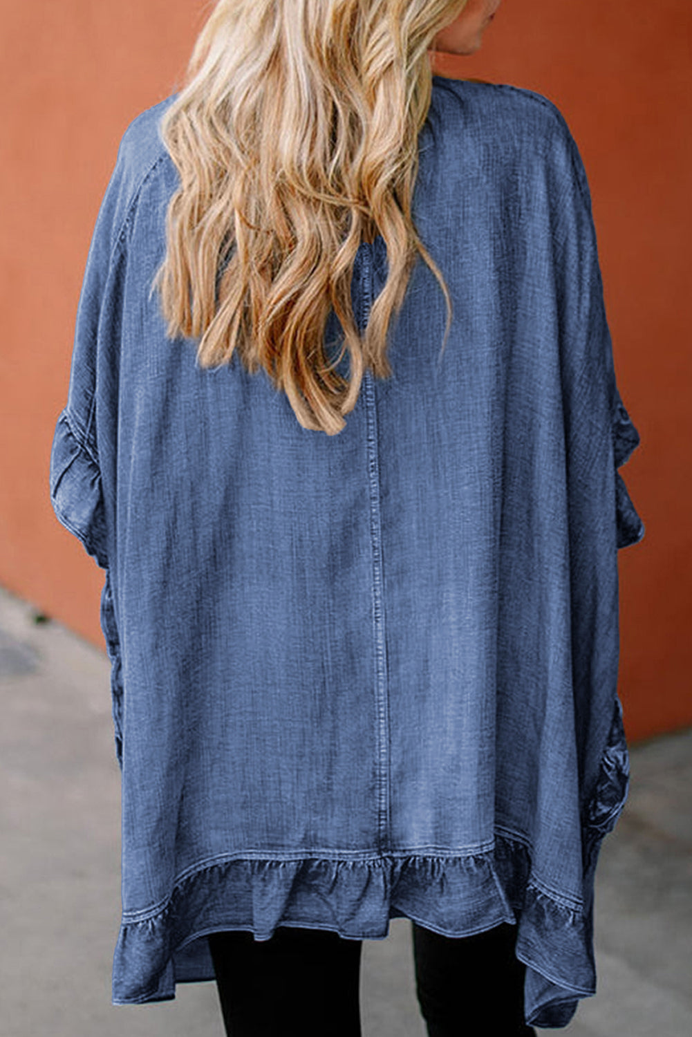 Dusk Blue Chambray Ruffle Hem Half Sleeve Open Loose Kimono - eAura