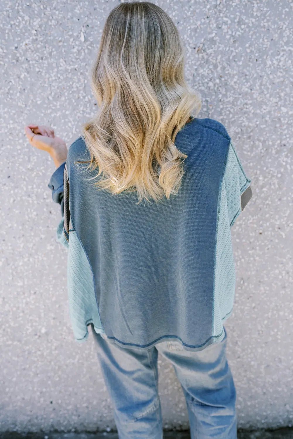 Dusk Blue Colourblock Stitching Patchwork Buttoned Long Sleeve Top Beagle Boutique Fashion Outlet