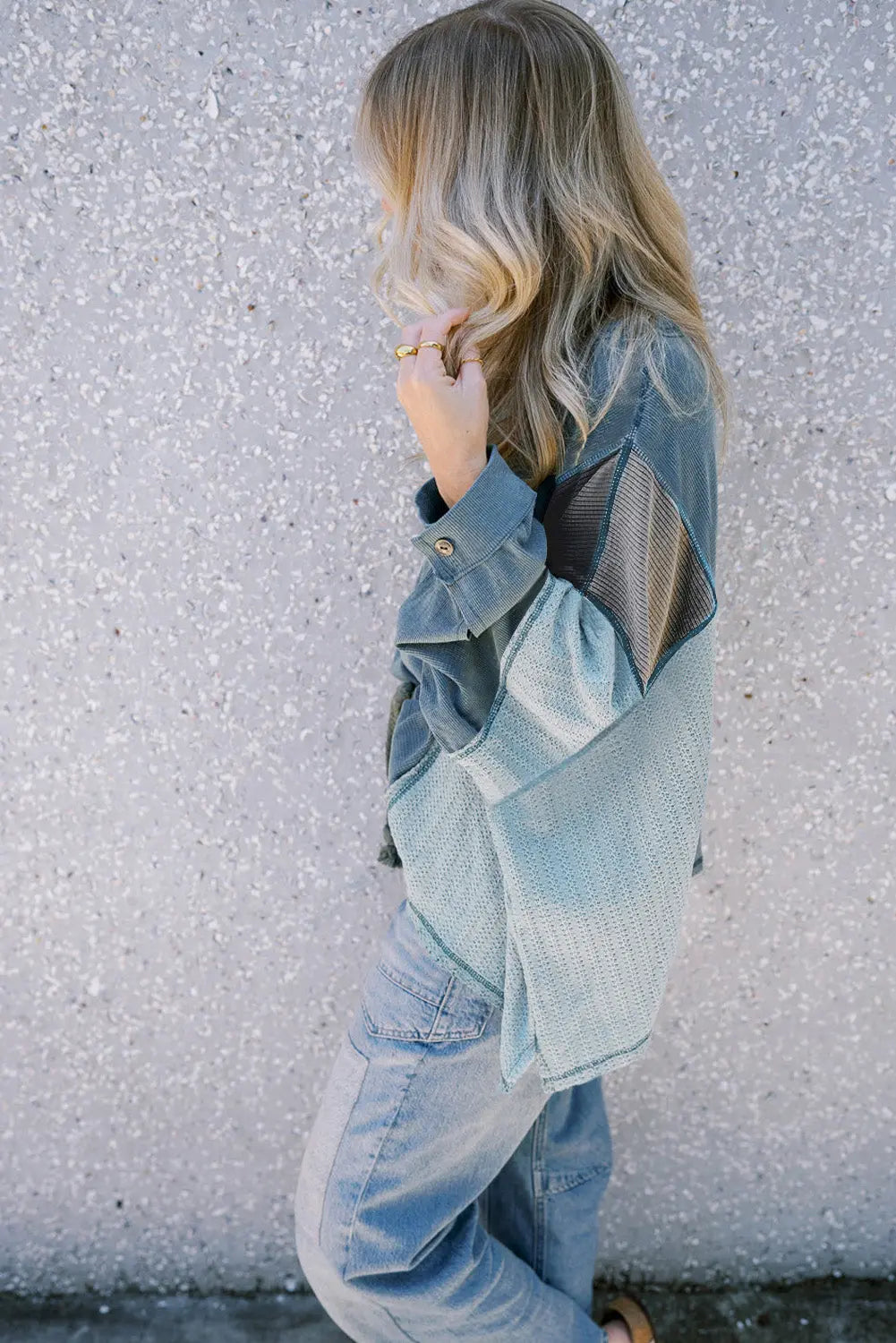 Dusk Blue Colourblock Stitching Patchwork Buttoned Long Sleeve Top Beagle Boutique Fashion Outlet