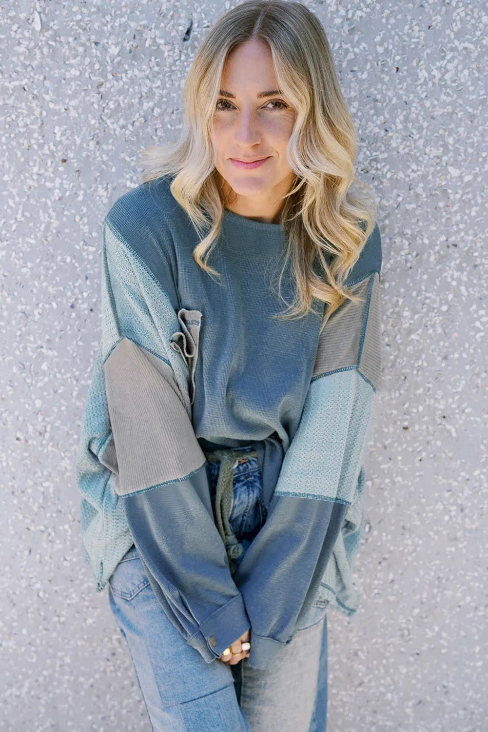 Dusk Blue Colourblock Stitching Patchwork Buttoned Long Sleeve Top Beagle Boutique Fashion Outlet
