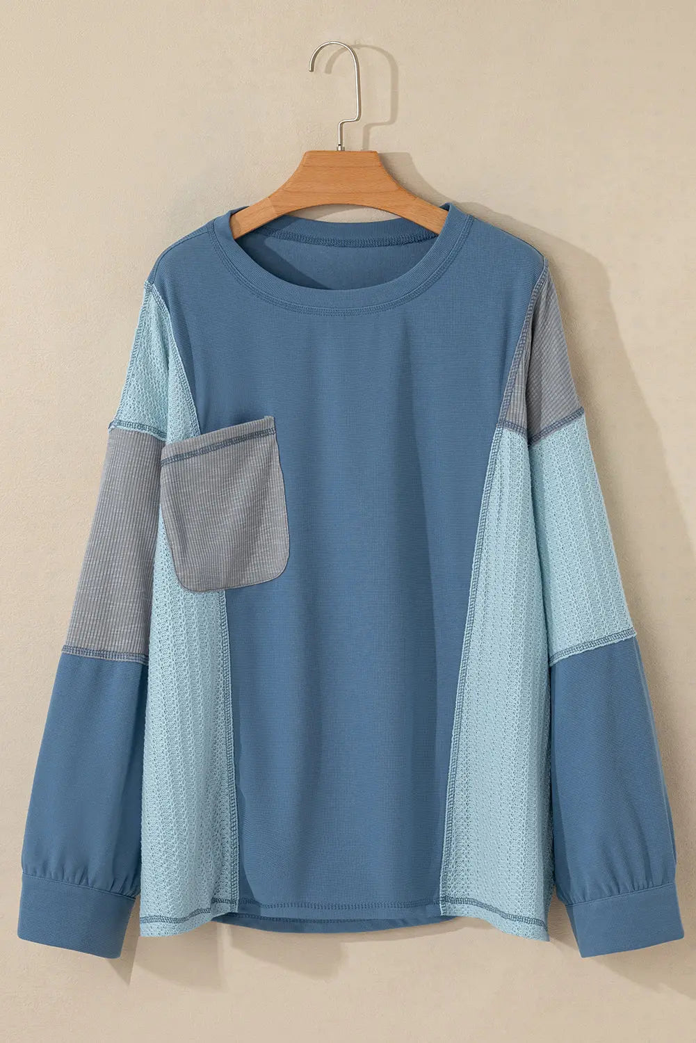 Dusk Blue Colourblock Stitching Patchwork Buttoned Long Sleeve Top Beagle Boutique Fashion Outlet