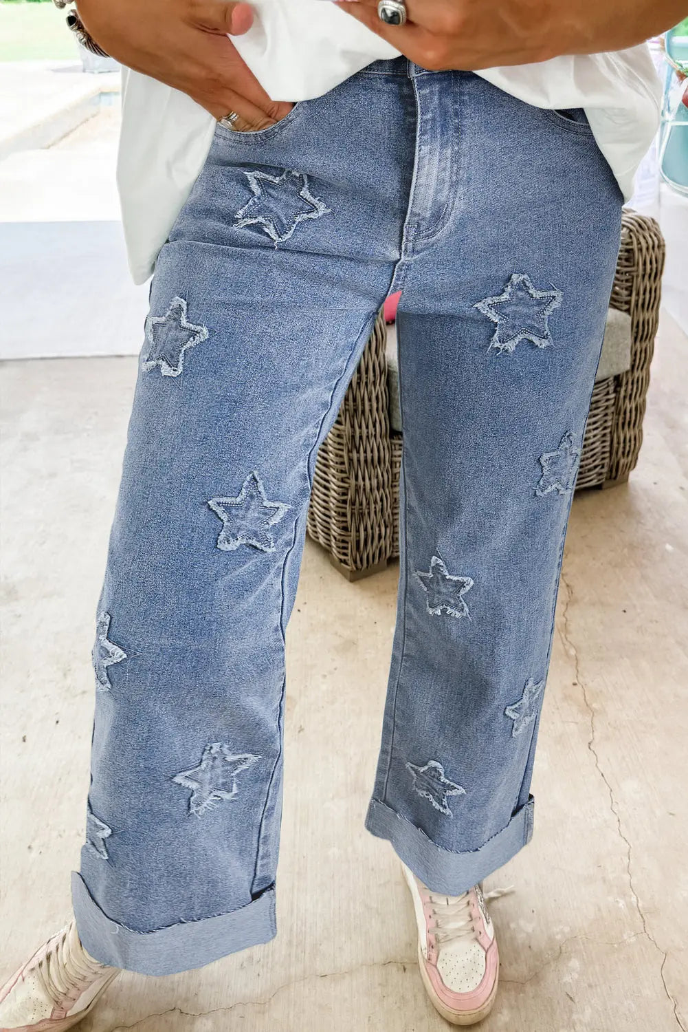 Dusk Blue Foiled Star Patchwork Straight Leg Loose Jeans - BB Fashion Outlet