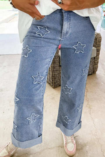 Dusk Blue Foiled Star Patchwork Straight Leg Loose Jeans - BB Fashion Outlet