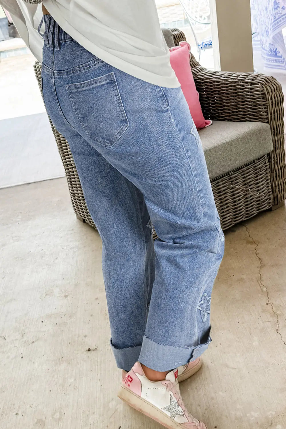 Dusk Blue Foiled Star Patchwork Straight Leg Loose Jeans - BB Fashion Outlet