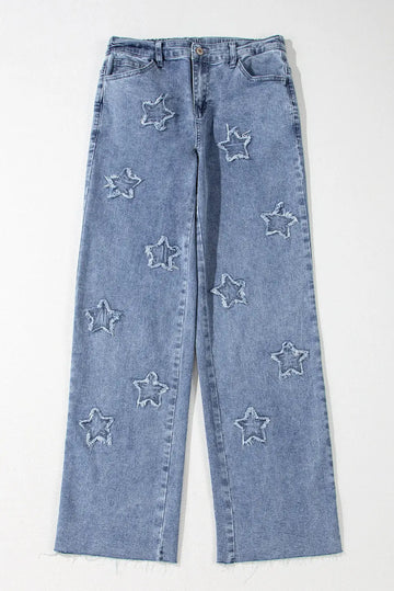 Dusk Blue Foiled Star Patchwork Straight Leg Loose Jeans - BB Fashion Outlet