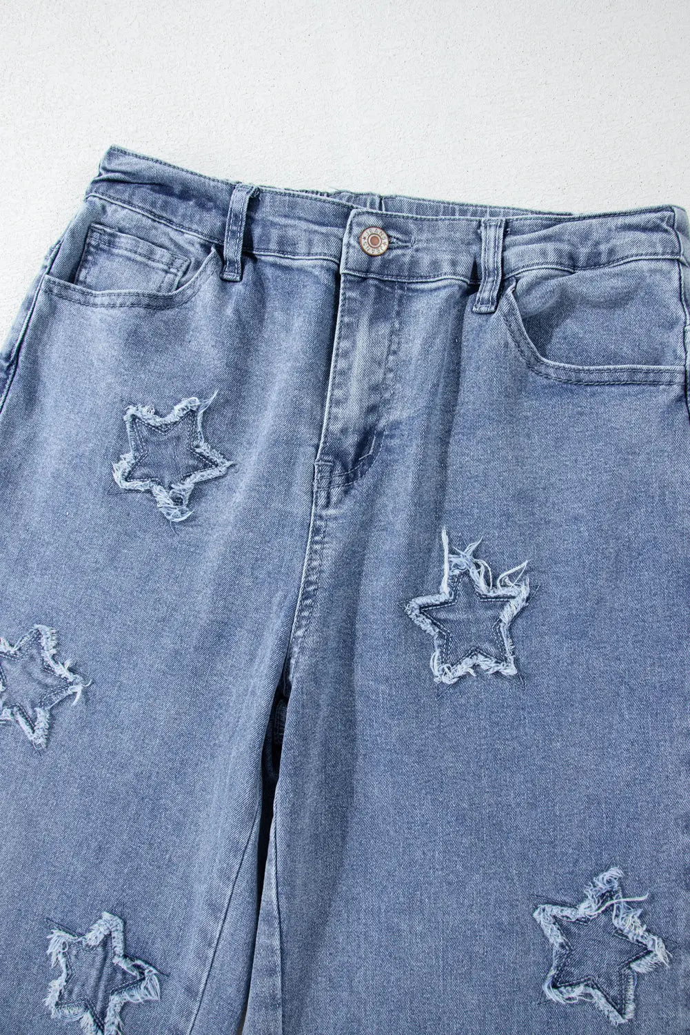 Dusk Blue Foiled Star Patchwork Straight Leg Loose Jeans - BB Fashion Outlet
