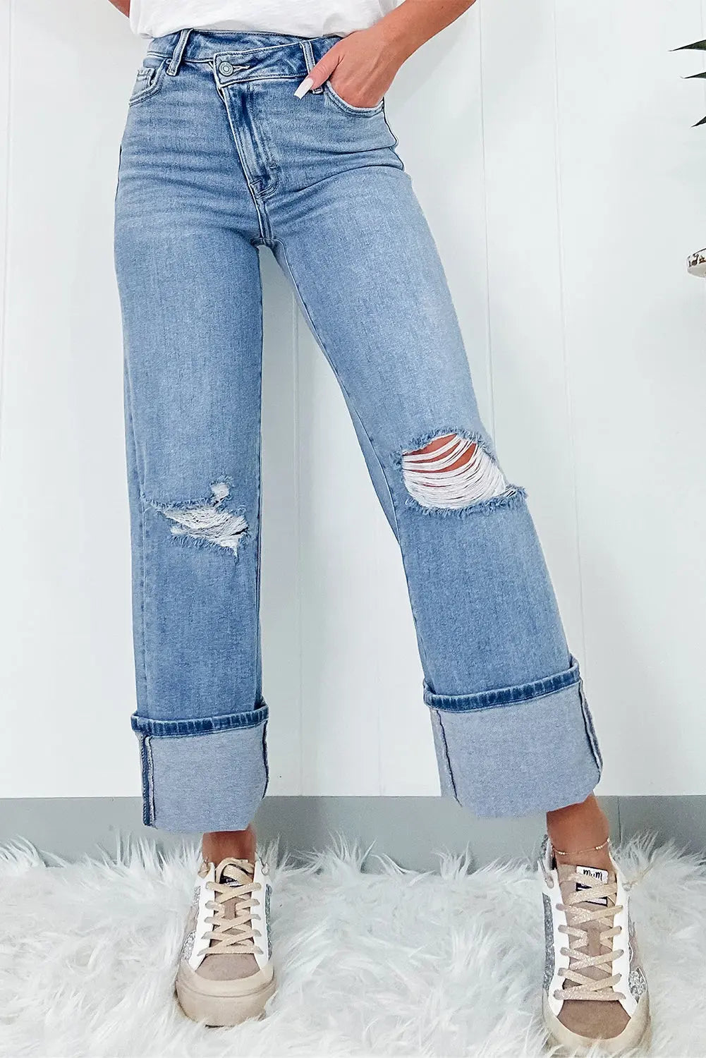 Dusk Blue High Rise Asymmetric Button Zip Fly Ripped Jeans eAura