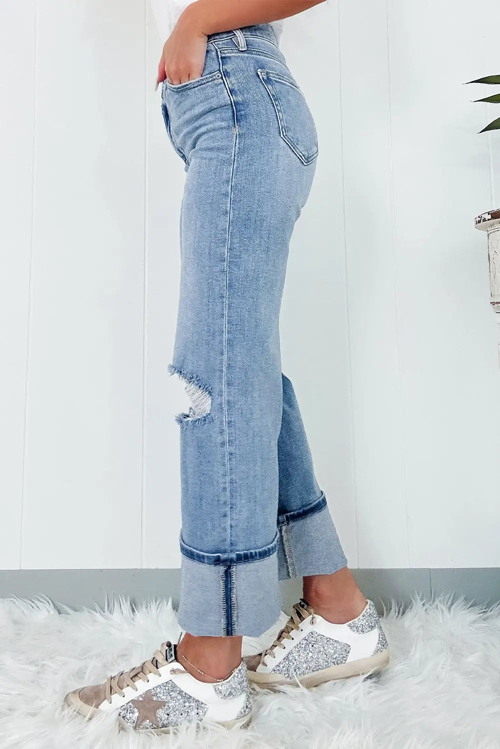 Dusk Blue High Rise Asymmetric Button Zip Fly Ripped Jeans eAura