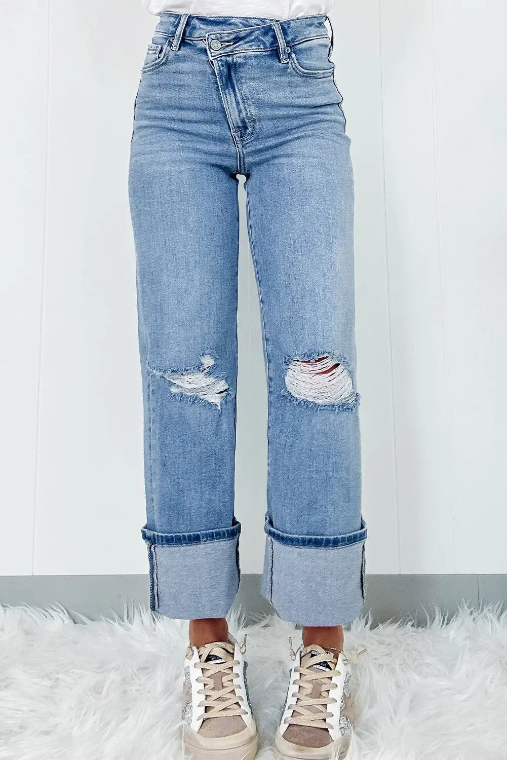 Dusk Blue High Rise Asymmetric Button Zip Fly Ripped Jeans eAura