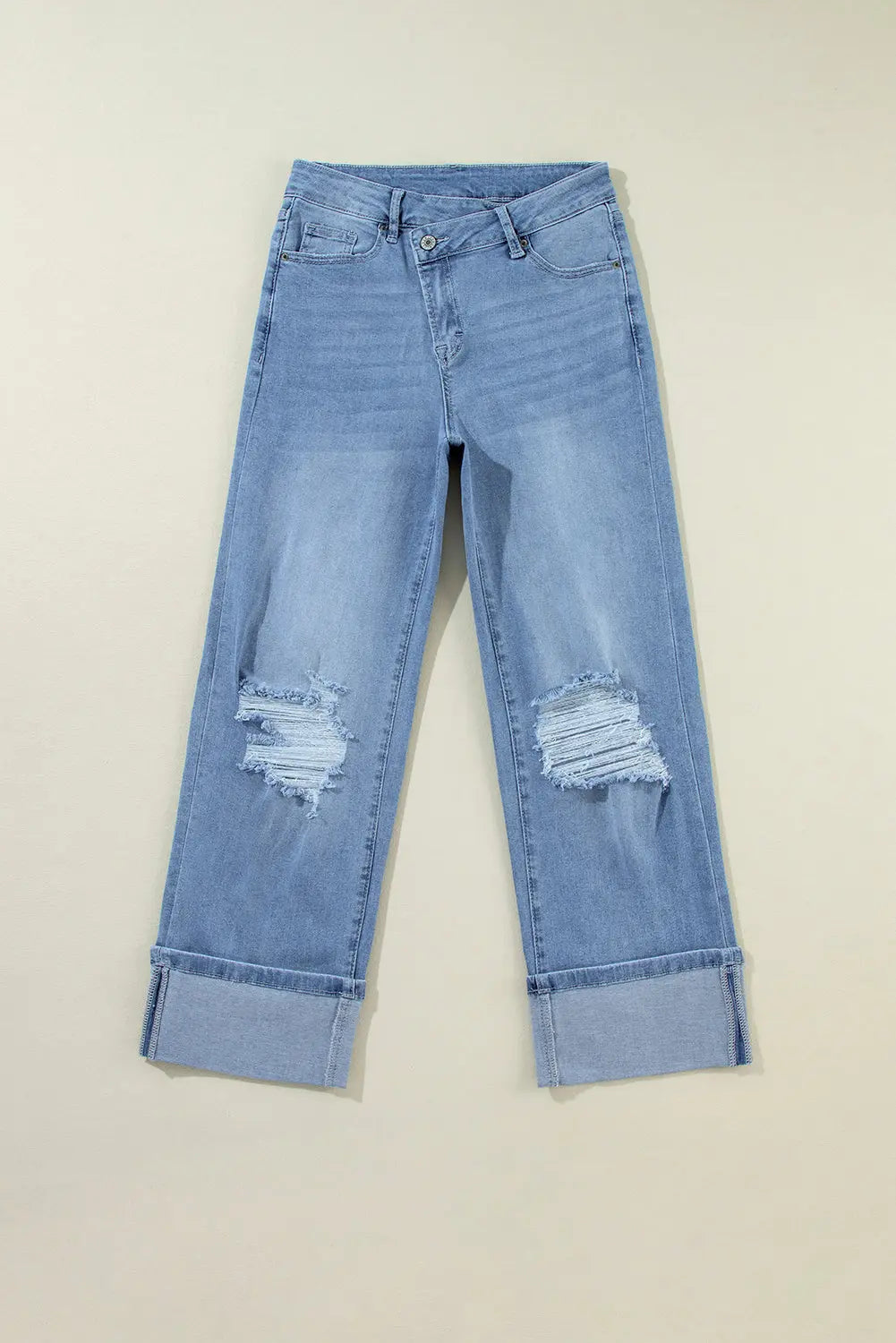 Dusk Blue High Rise Asymmetric Button Zip Fly Ripped Jeans - Bottoms/Jeans/WideLeg