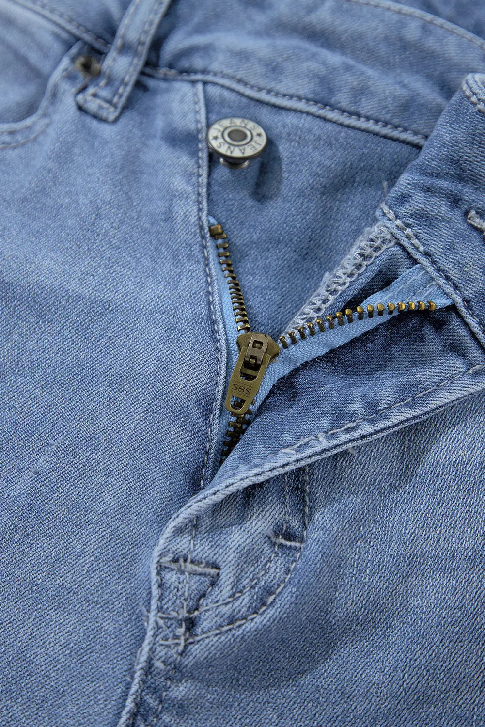 Dusk Blue High Rise Asymmetric Button Zip Fly Ripped Jeans eAura