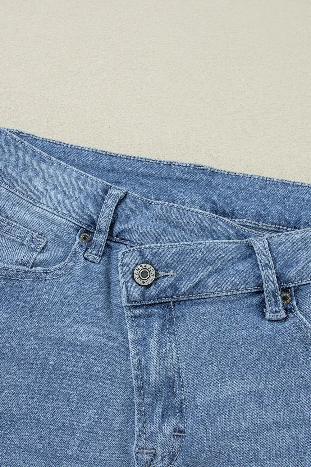 Dusk Blue High Rise Asymmetric Button Zip Fly Ripped Jeans eAura