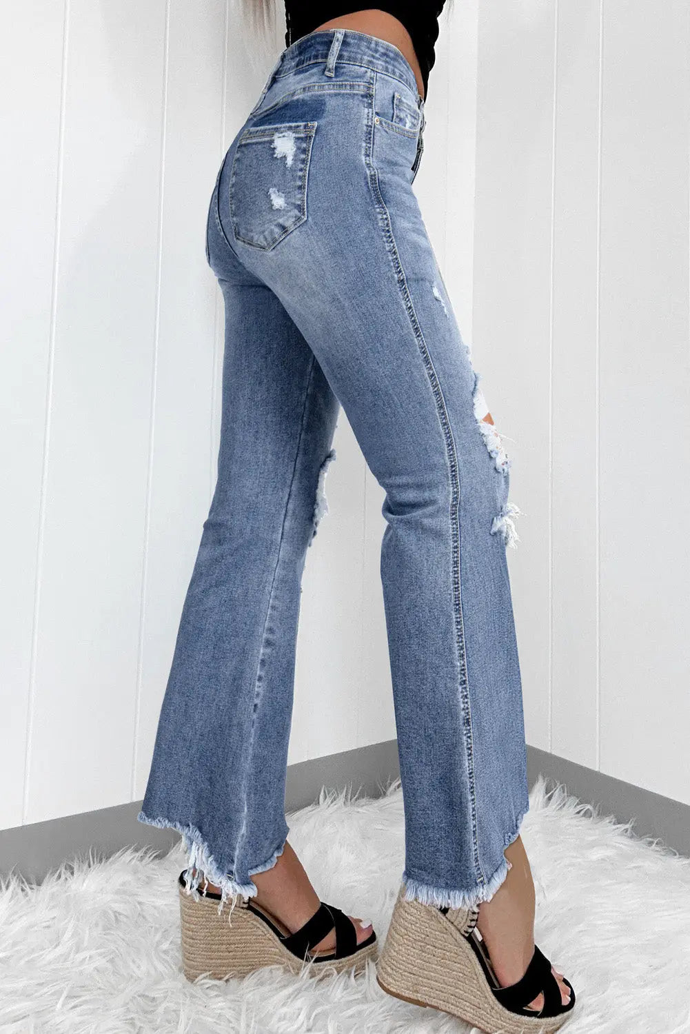 Dusk Blue High Rise Ripped Distressed Hem Flared Jeans - BB Fashion Outlet