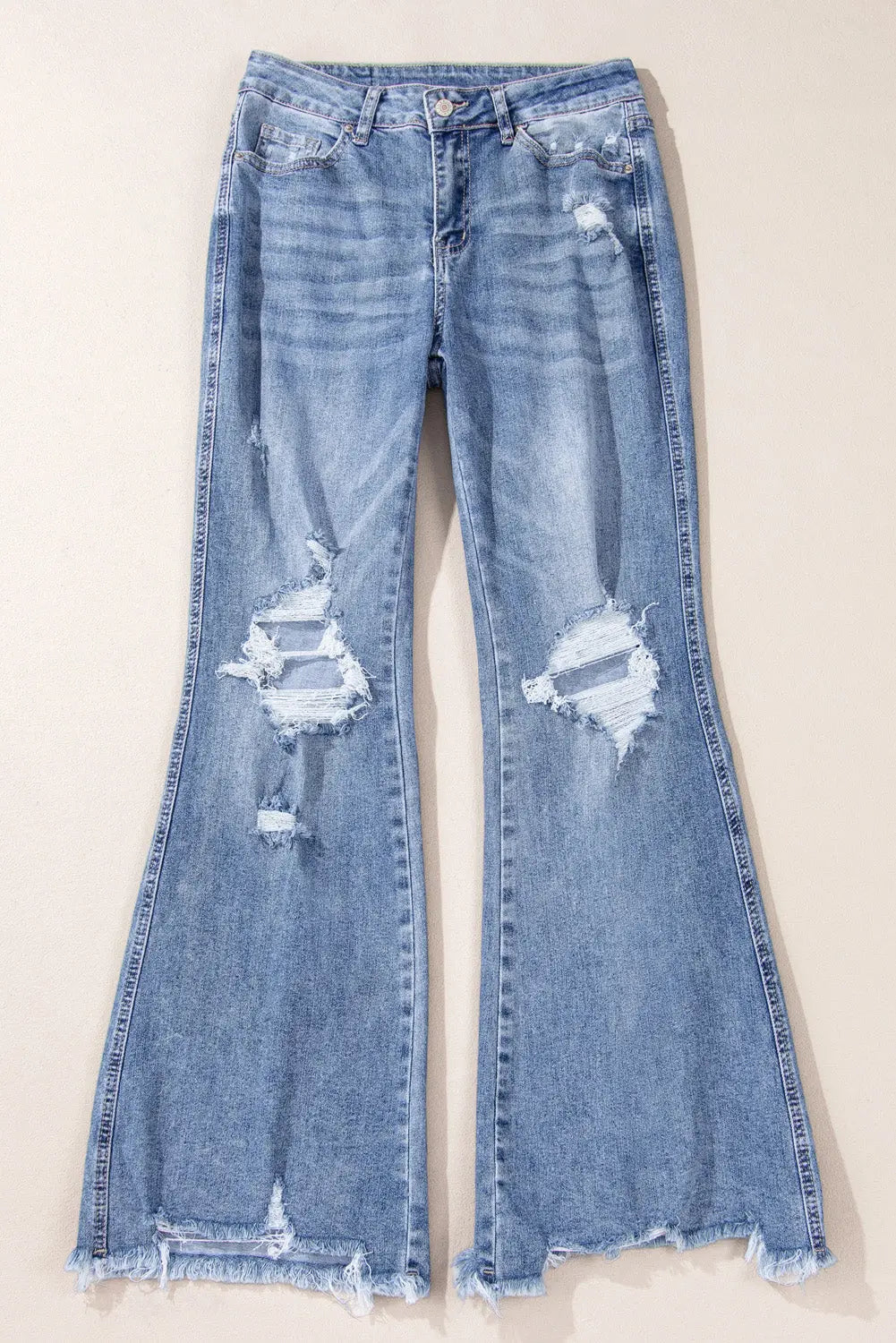 Dusk Blue High Rise Ripped Distressed Hem Flared Jeans - BB Fashion Outlet