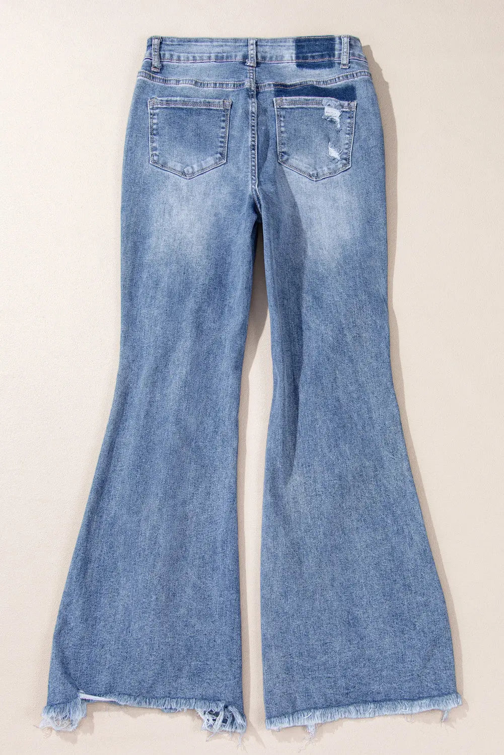Dusk Blue High Rise Ripped Distressed Hem Flared Jeans - BB Fashion Outlet