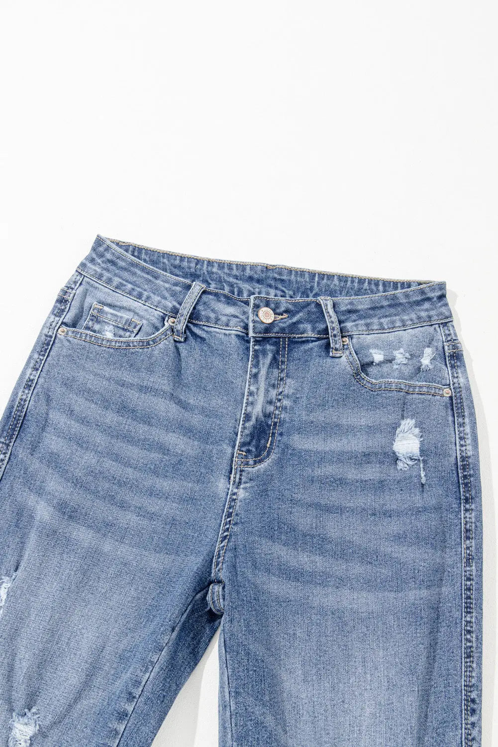 Dusk Blue High Rise Ripped Distressed Hem Flared Jeans - BB Fashion Outlet