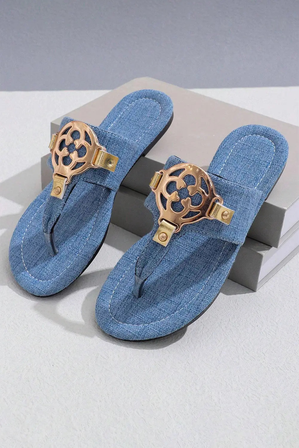 Dusk Blue Metal Decor Leather Thong Sandals Beagle Boutique Fashion Outlet