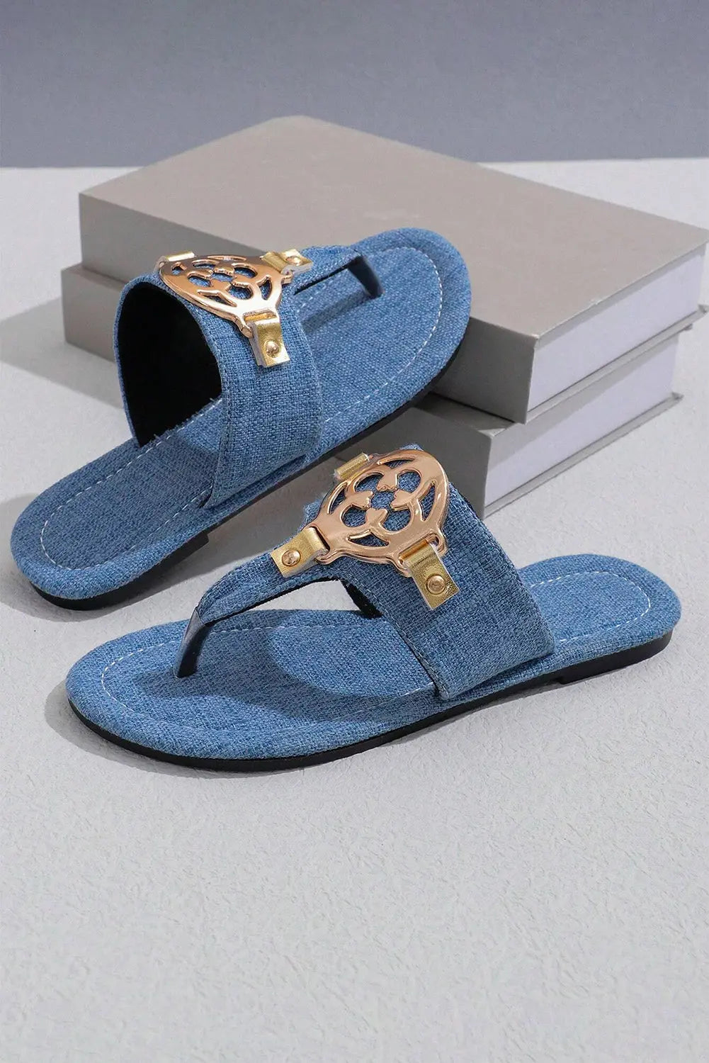 Dusk Blue Metal Decor Leather Thong Sandals Beagle Boutique Fashion Outlet
