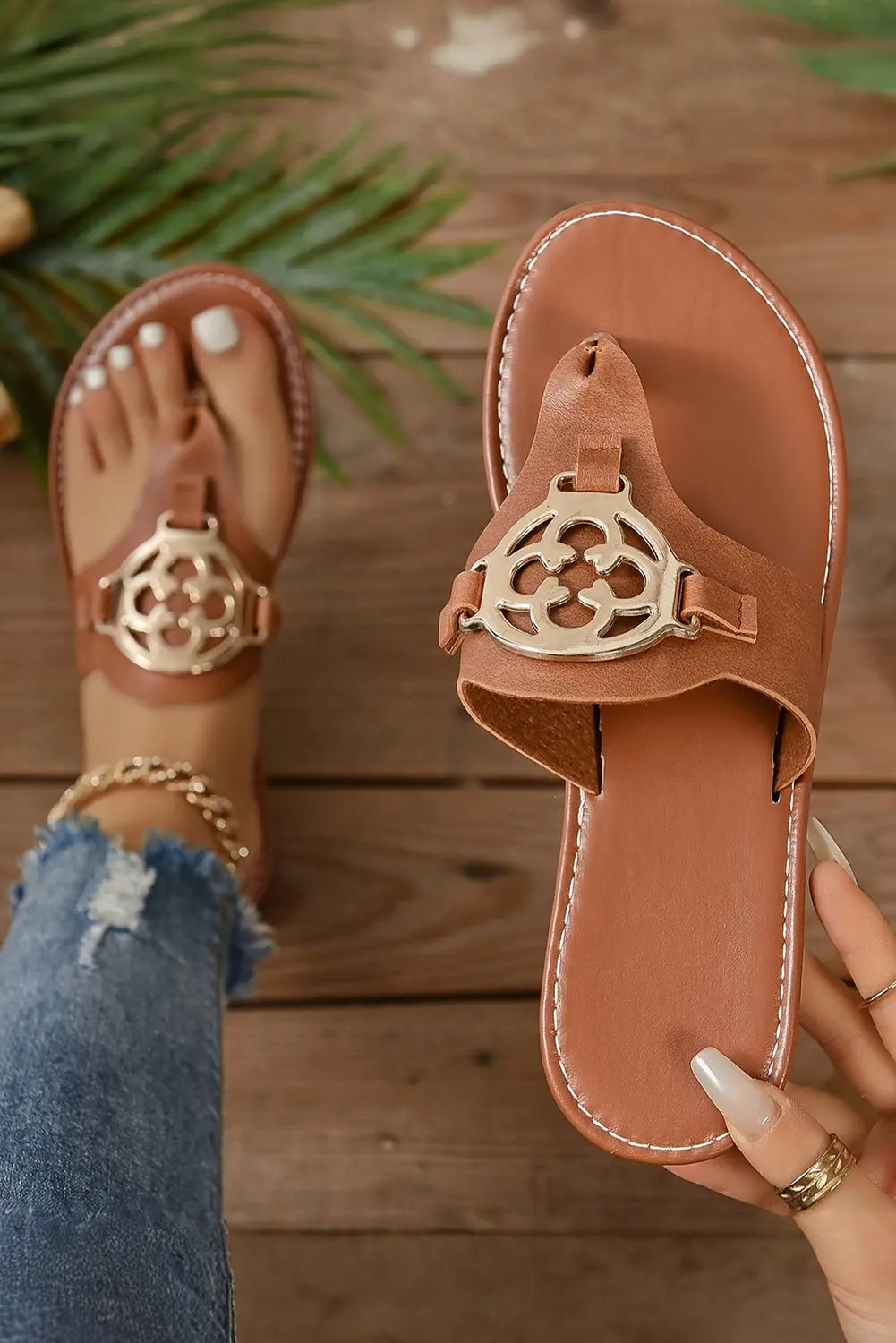 Dusk Blue Metal Decor Leather Thong Sandals Beagle Boutique Fashion Outlet