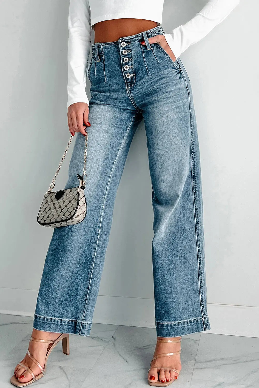 Dusk Blue Multi Buttons Medium Wash Straight Loose Leg Jeans eAura