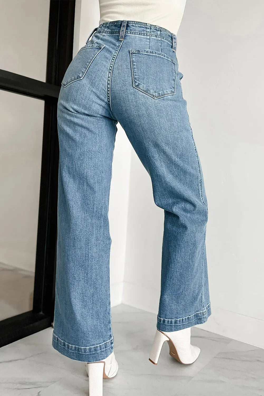 Dusk Blue Multi Buttons Medium Wash Straight Loose Leg Jeans eAura