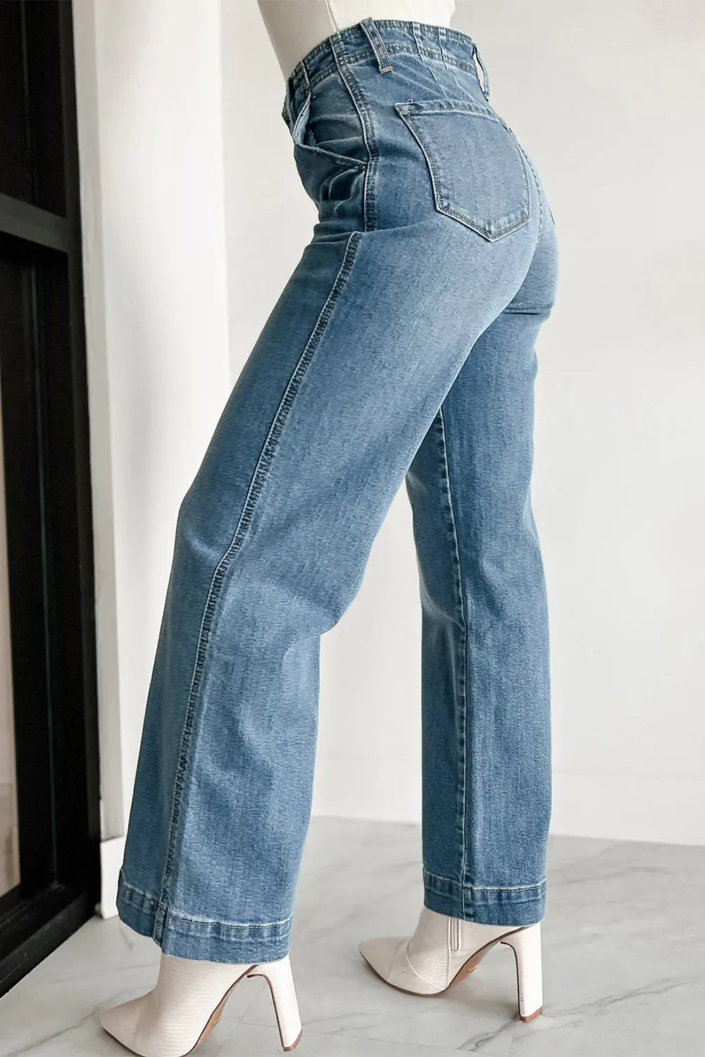 Dusk Blue Multi Buttons Medium Wash Straight Loose Leg Jeans eAura