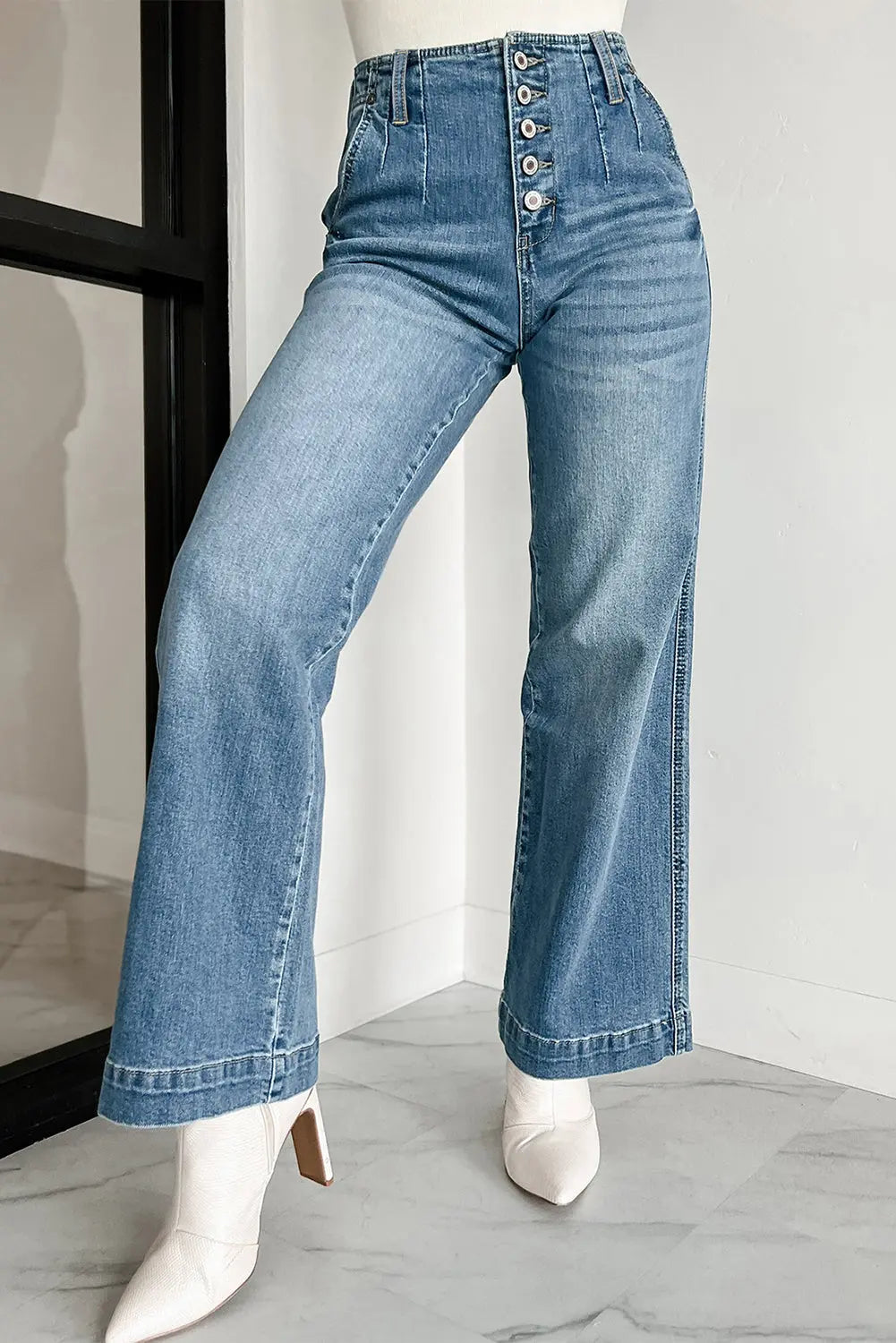 Dusk Blue Multi Buttons Medium Wash Straight Loose Leg Jeans eAura