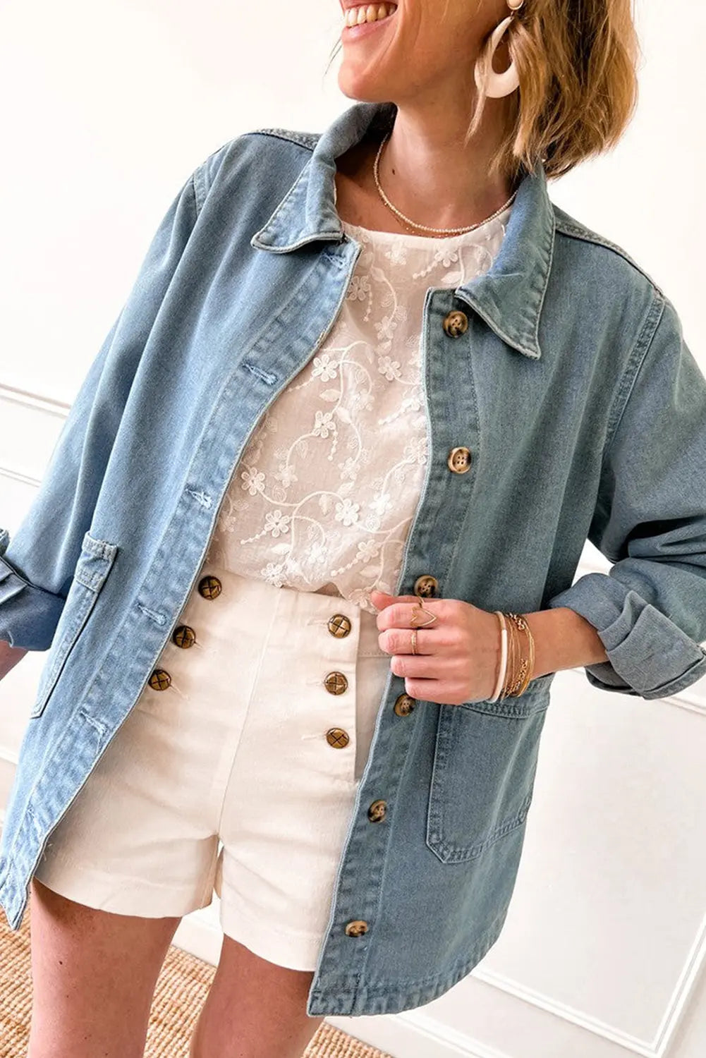 Dusk Blue Slit Buttons Pocketed Denim Jacket - eAura
