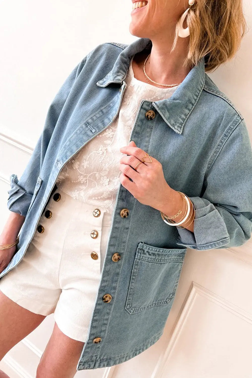 Dusk Blue Slit Buttons Pocketed Denim Jacket - eAura
