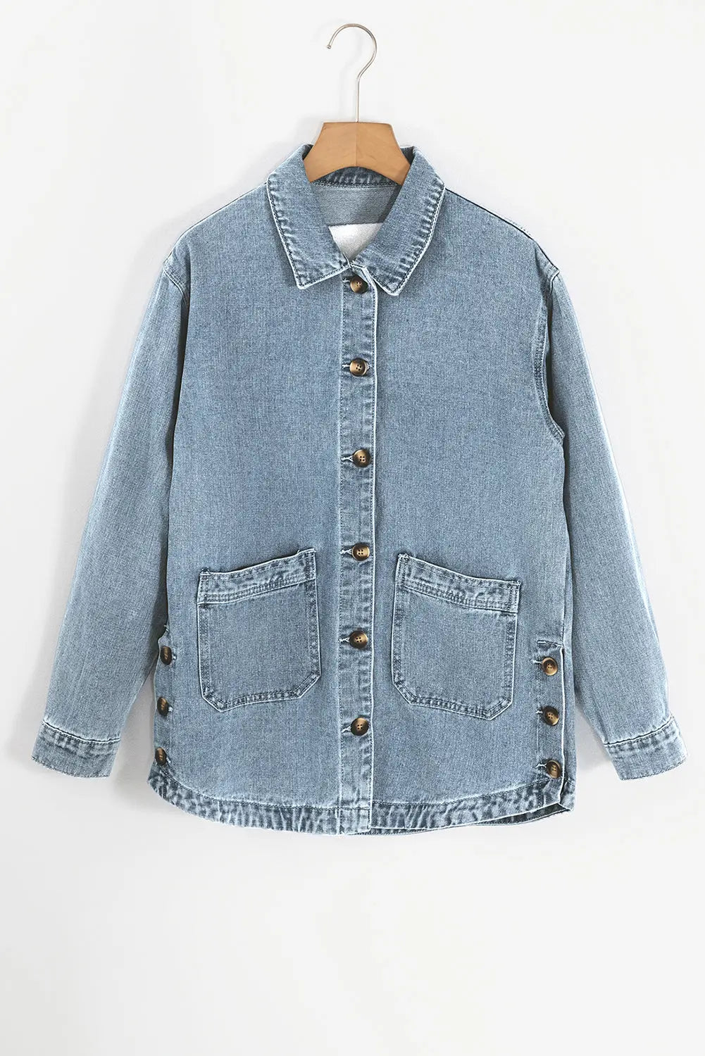 Dusk Blue Slit Buttons Pocketed Denim Jacket - eAura