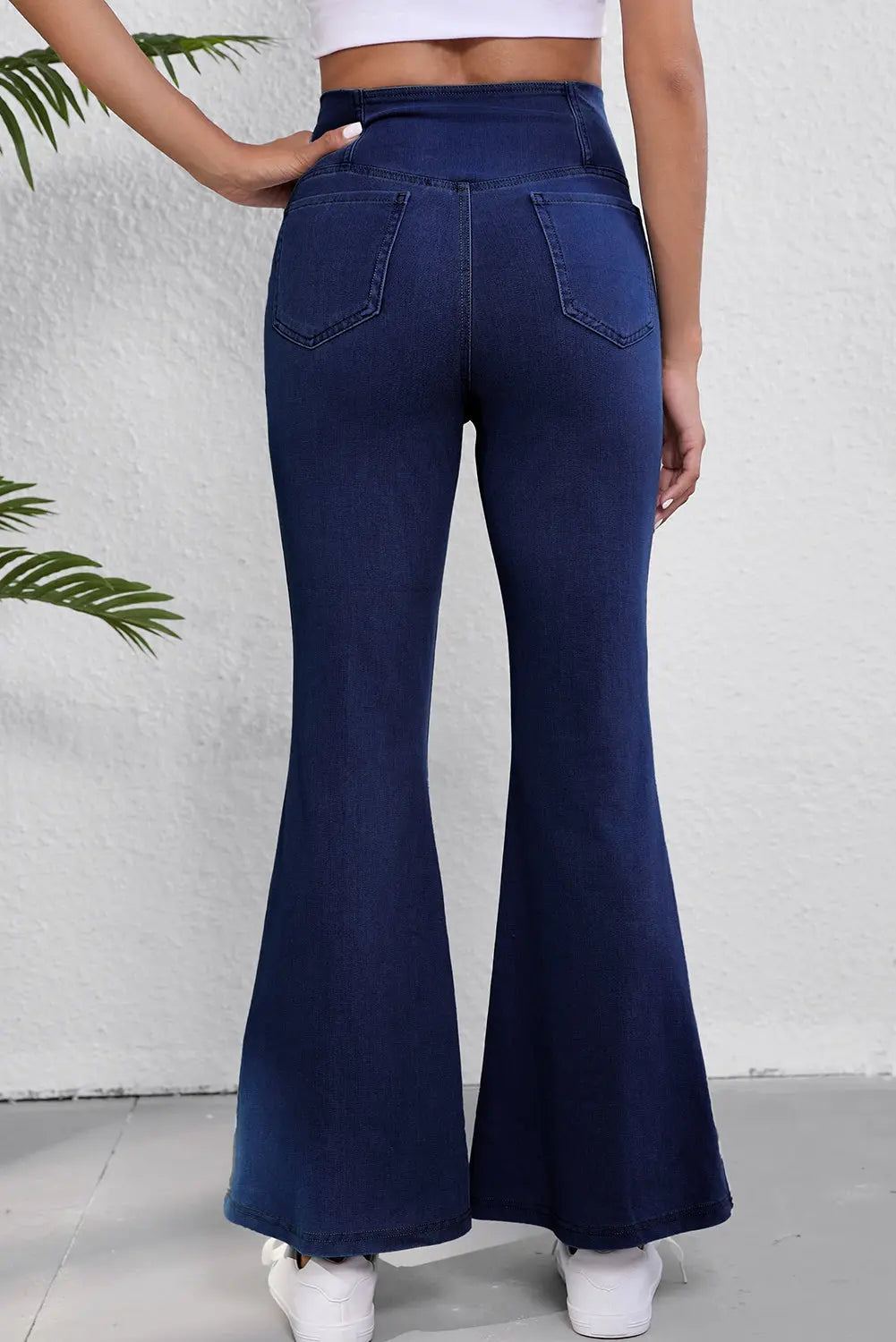Dusk Blue Solid Crossed Waist High Elastic Fit Flare Jeans eAura