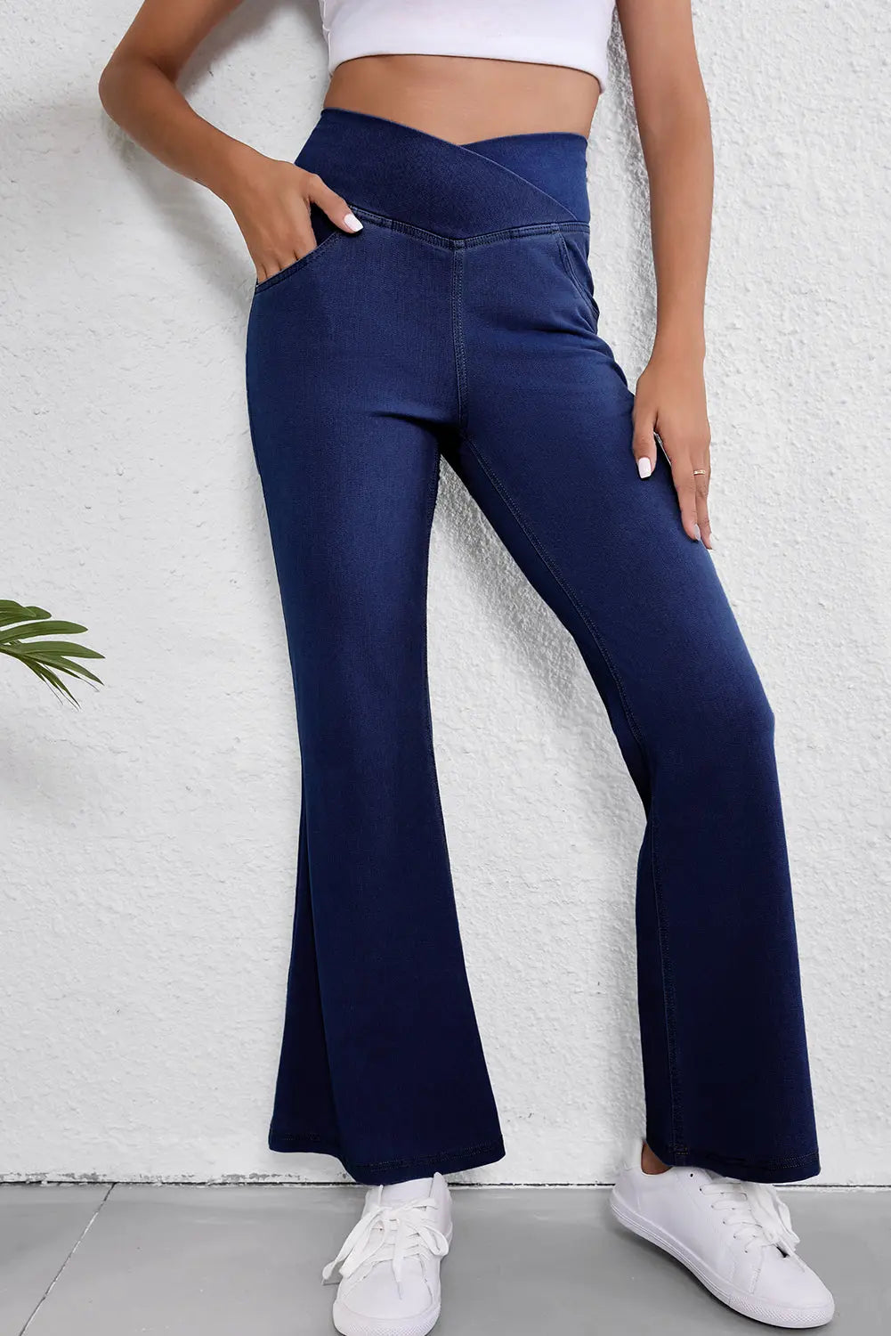 Dusk Blue Solid Crossed Waist High Elastic Fit Flare Jeans eAura