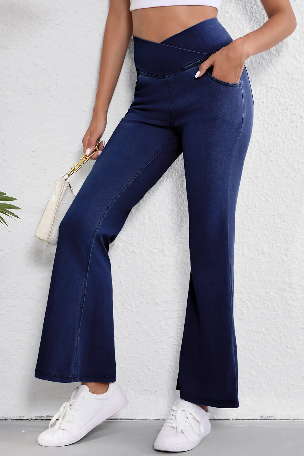 Dusk Blue Solid Crossed Waist High Elastic Fit Flare Jeans eAura