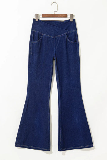 Dusk Blue Solid Crossed Waist High Elastic Fit Flare Jeans - Bottoms/Jeans/Flared&Bootcut
