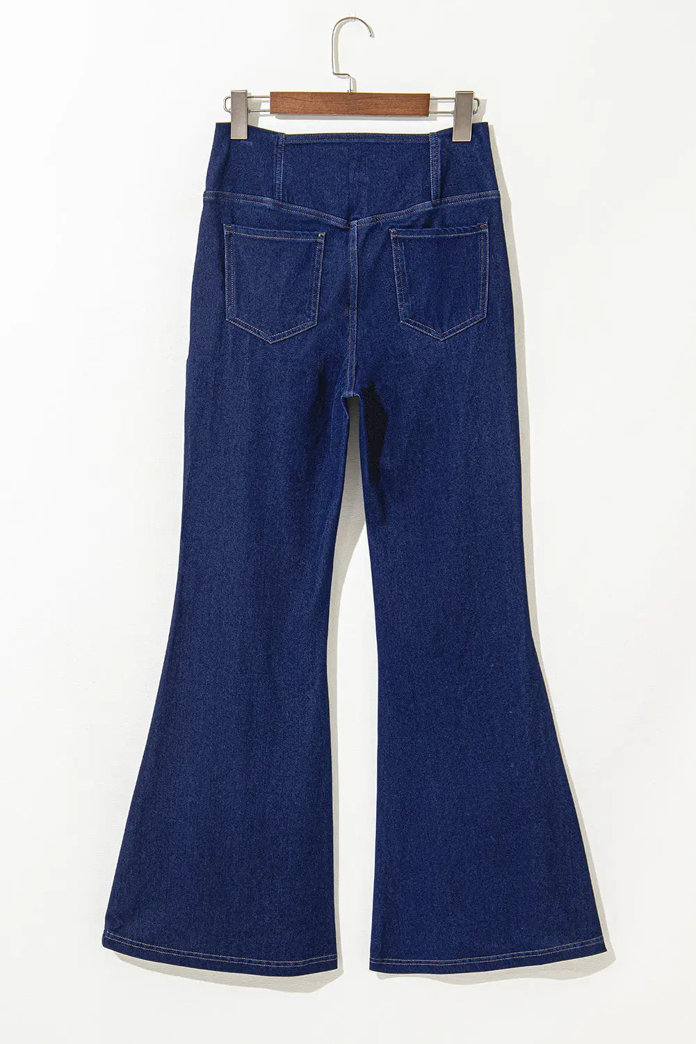 Dusk Blue Solid Crossed Waist High Elastic Fit Flare Jeans eAura