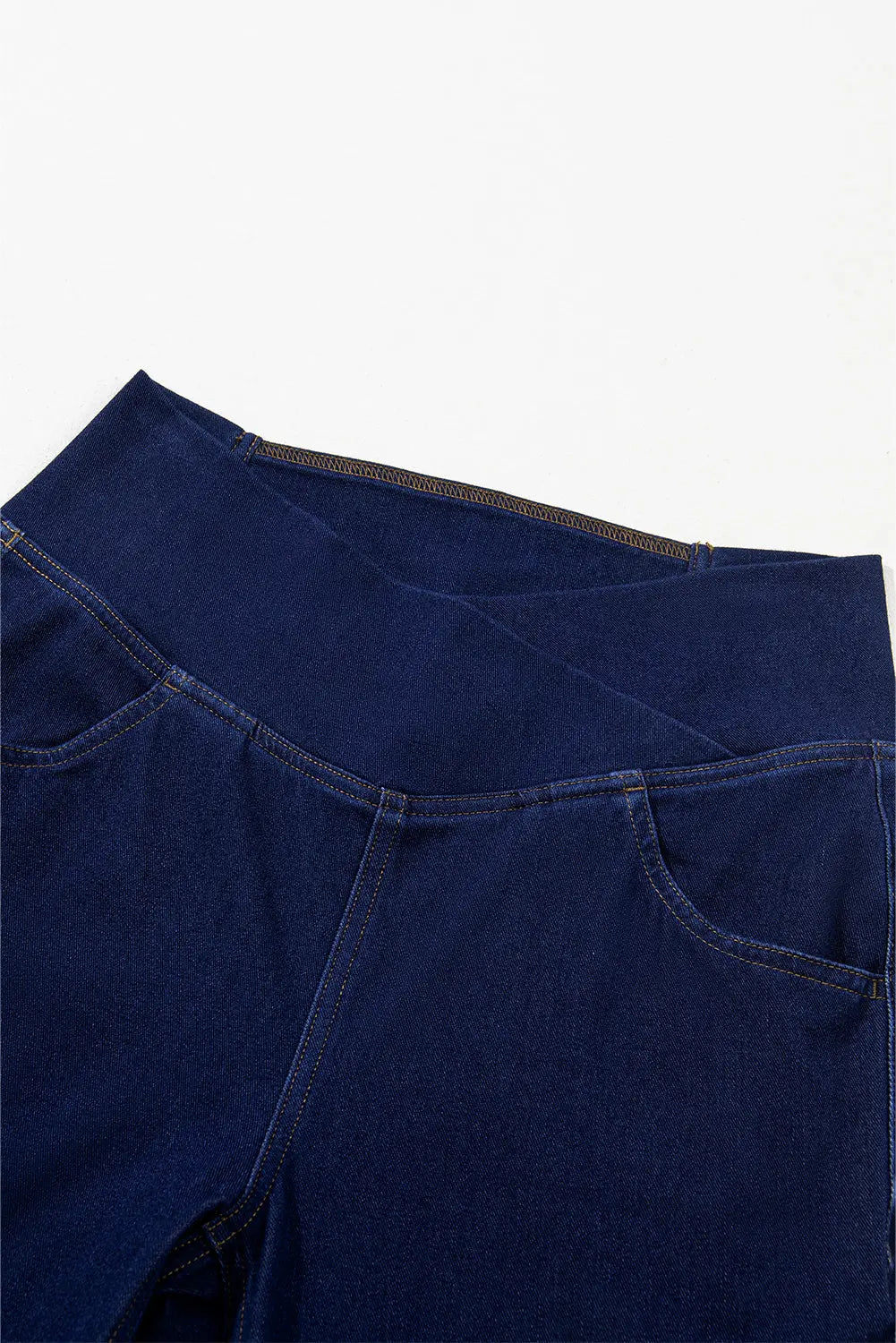 Dusk Blue Solid Crossed Waist High Elastic Fit Flare Jeans eAura