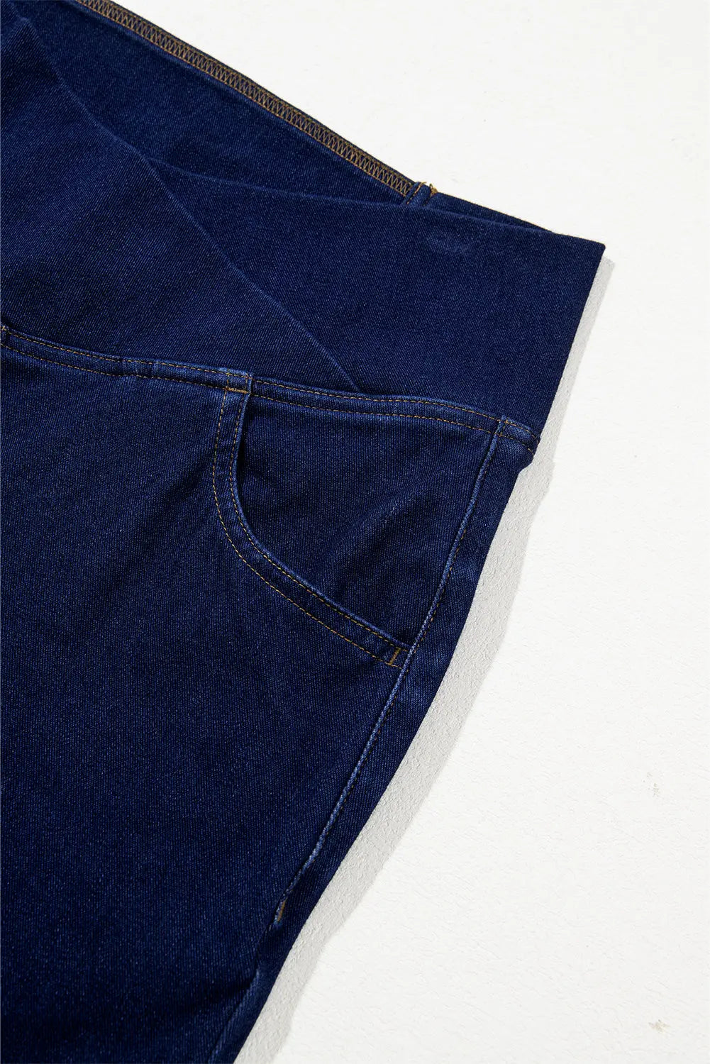 Dusk Blue Solid Crossed Waist High Elastic Fit Flare Jeans eAura