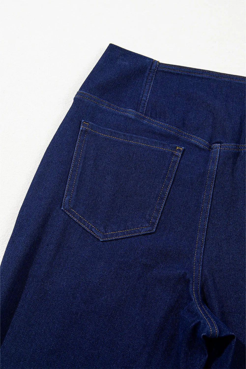 Dusk Blue Solid Crossed Waist High Elastic Fit Flare Jeans eAura