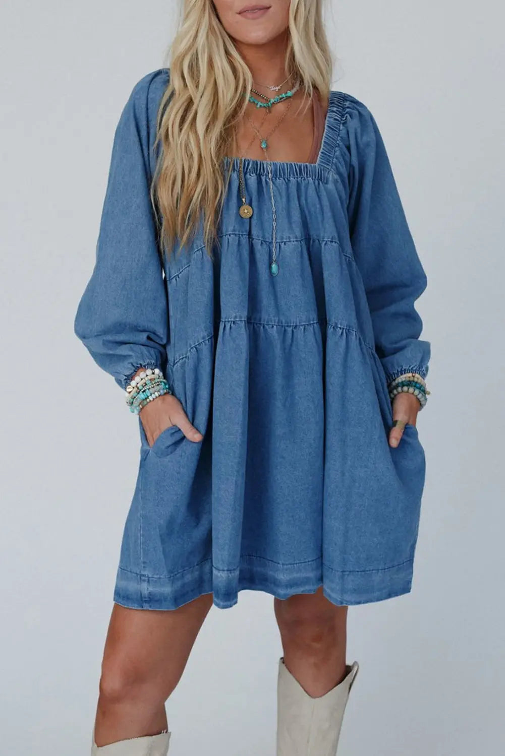Dusk Blue Square Neck Side Pockets Loose Fit Denim Mini Dress Beagle Boutique Fashion Outlet