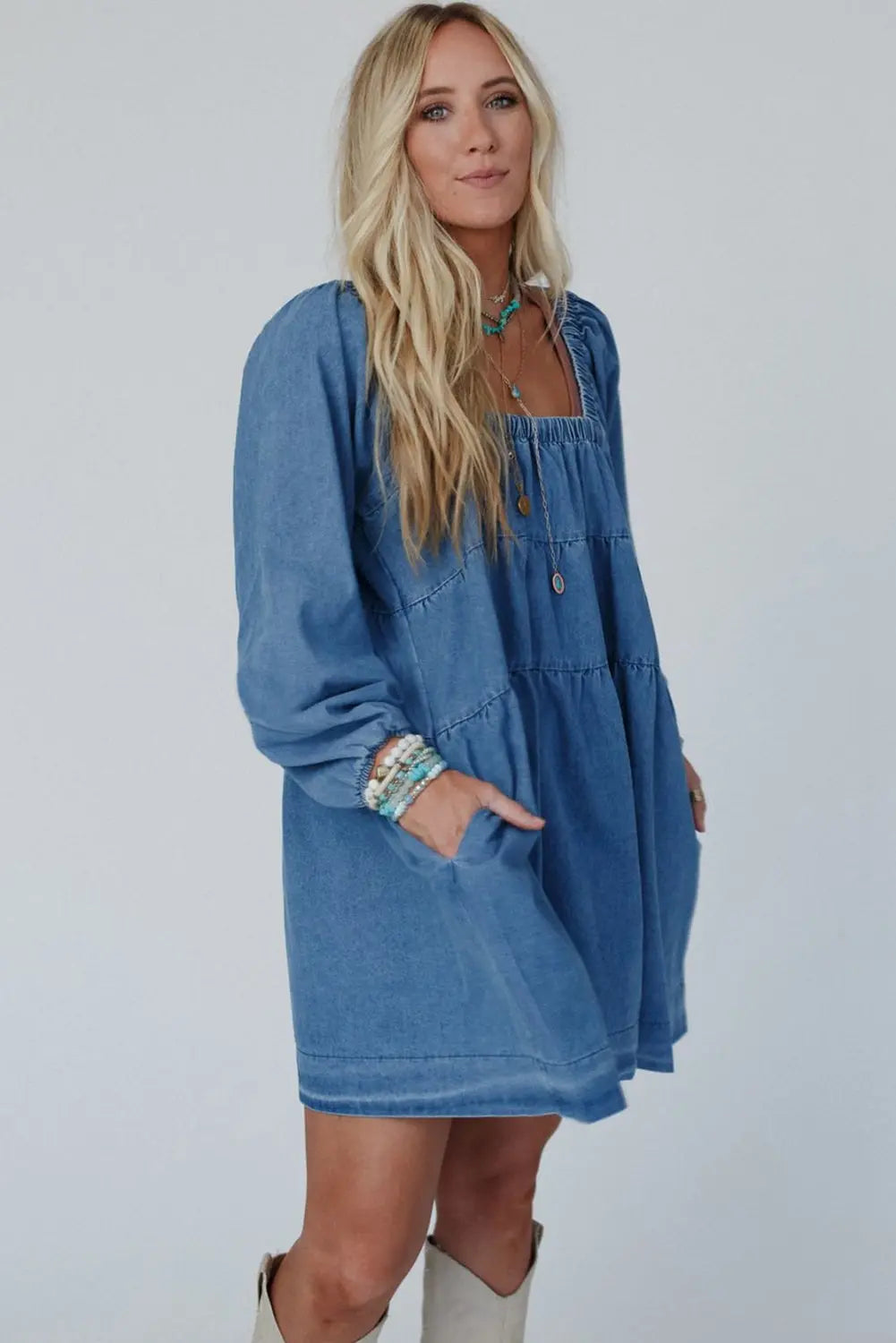 Dusk Blue Square Neck Side Pockets Loose Fit Denim Mini Dress Beagle Boutique Fashion Outlet