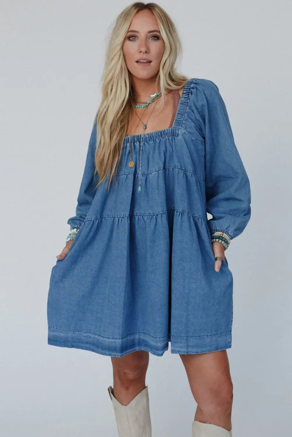 Dusk Blue Square Neck Side Pockets Loose Fit Denim Mini Dress Beagle Boutique Fashion Outlet