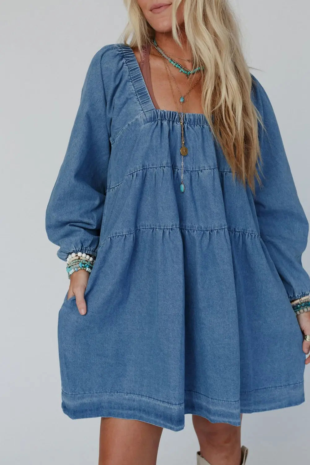 Dusk Blue Square Neck Side Pockets Loose Fit Denim Mini Dress Beagle Boutique Fashion Outlet