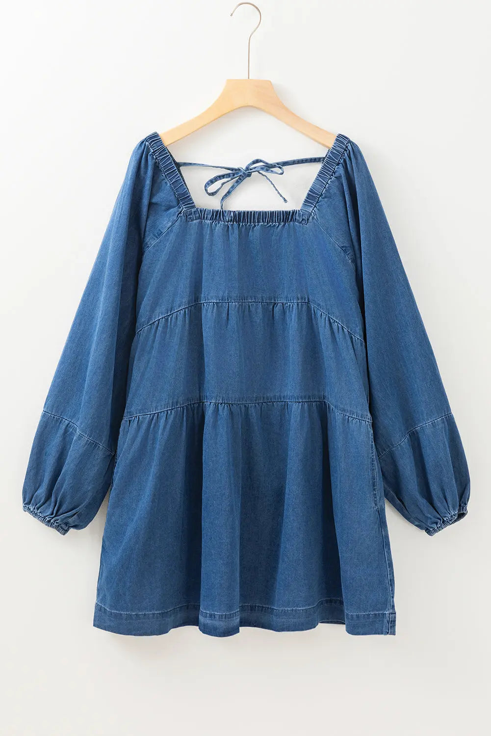 Dusk Blue Square Neck Side Pockets Loose Fit Denim Mini Dress Beagle Boutique Fashion Outlet