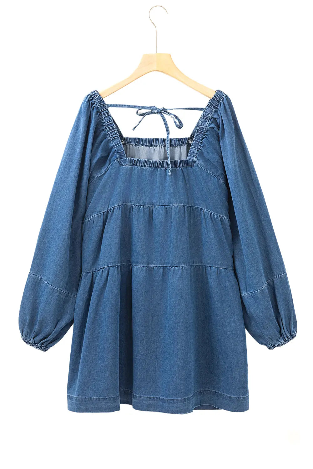 Dusk Blue Square Neck Side Pockets Loose Fit Denim Mini Dress Beagle Boutique Fashion Outlet