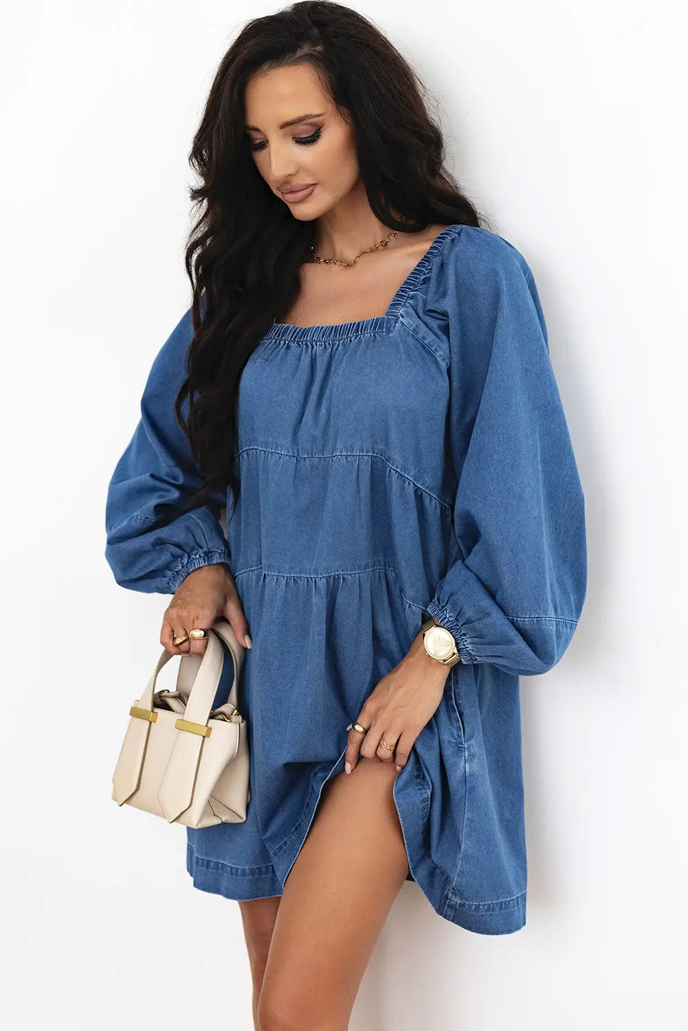 Dusk Blue Square Neck Side Pockets Loose Fit Denim Mini Dress Beagle Boutique Fashion Outlet