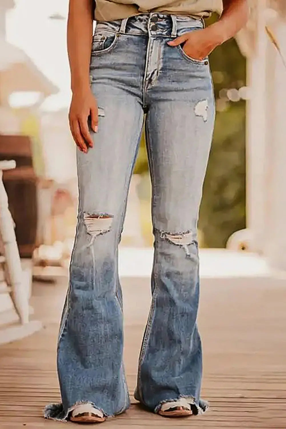 Dusk Blue Vintage Light Wash Ripped Raw Edge Flare Jeans eAura
