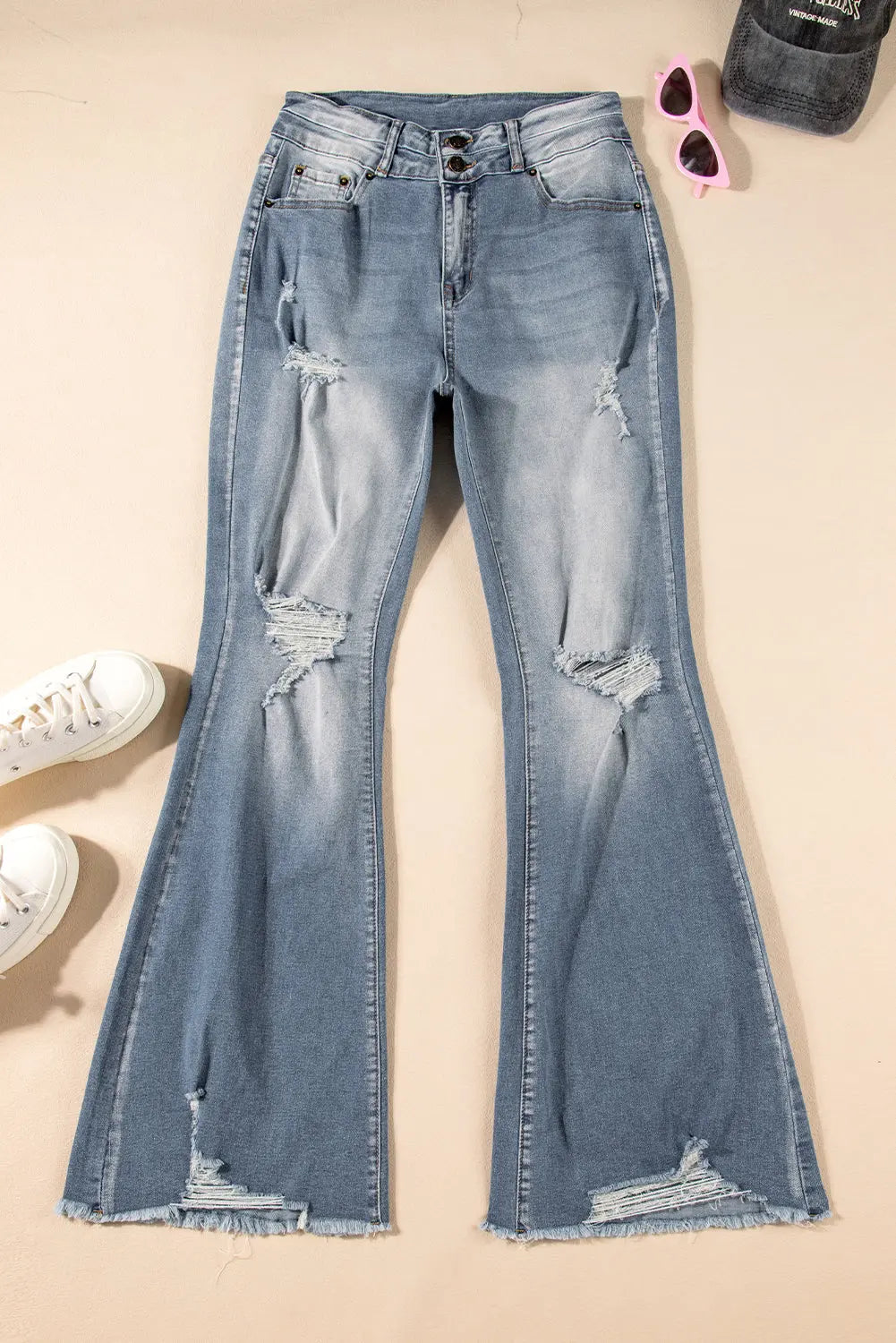 Dusk Blue Vintage Light Wash Ripped Raw Edge Flare Jeans eAura