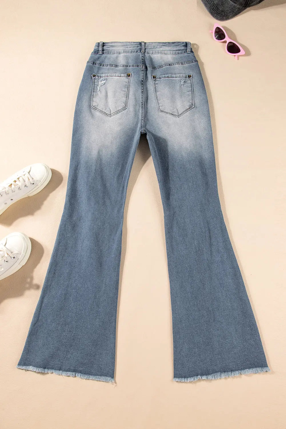 Dusk Blue Vintage Light Wash Ripped Raw Edge Flare Jeans eAura