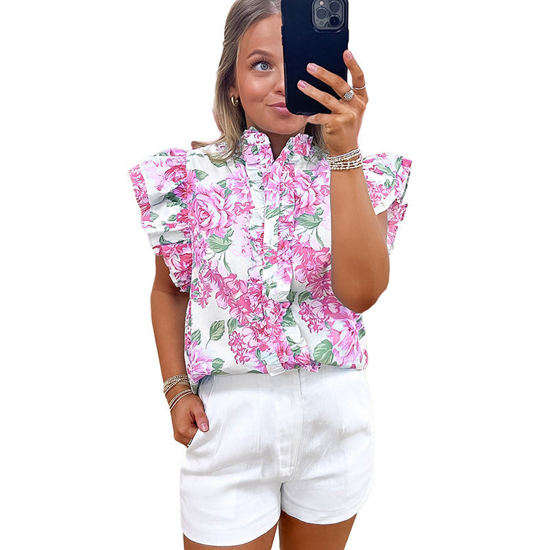 Short Sleeve Blouse Floral Print Cap Sleeves eprolo