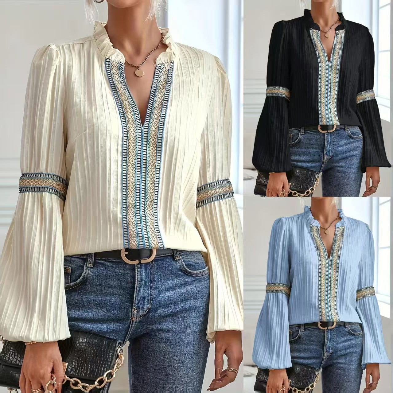 Lace Detail V-Neck Blouse Lantern Sleeve eprolo